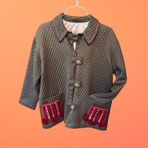 Quilted Dark Sage Green Jacket with Red Embroidery and Pom Pom Pockets